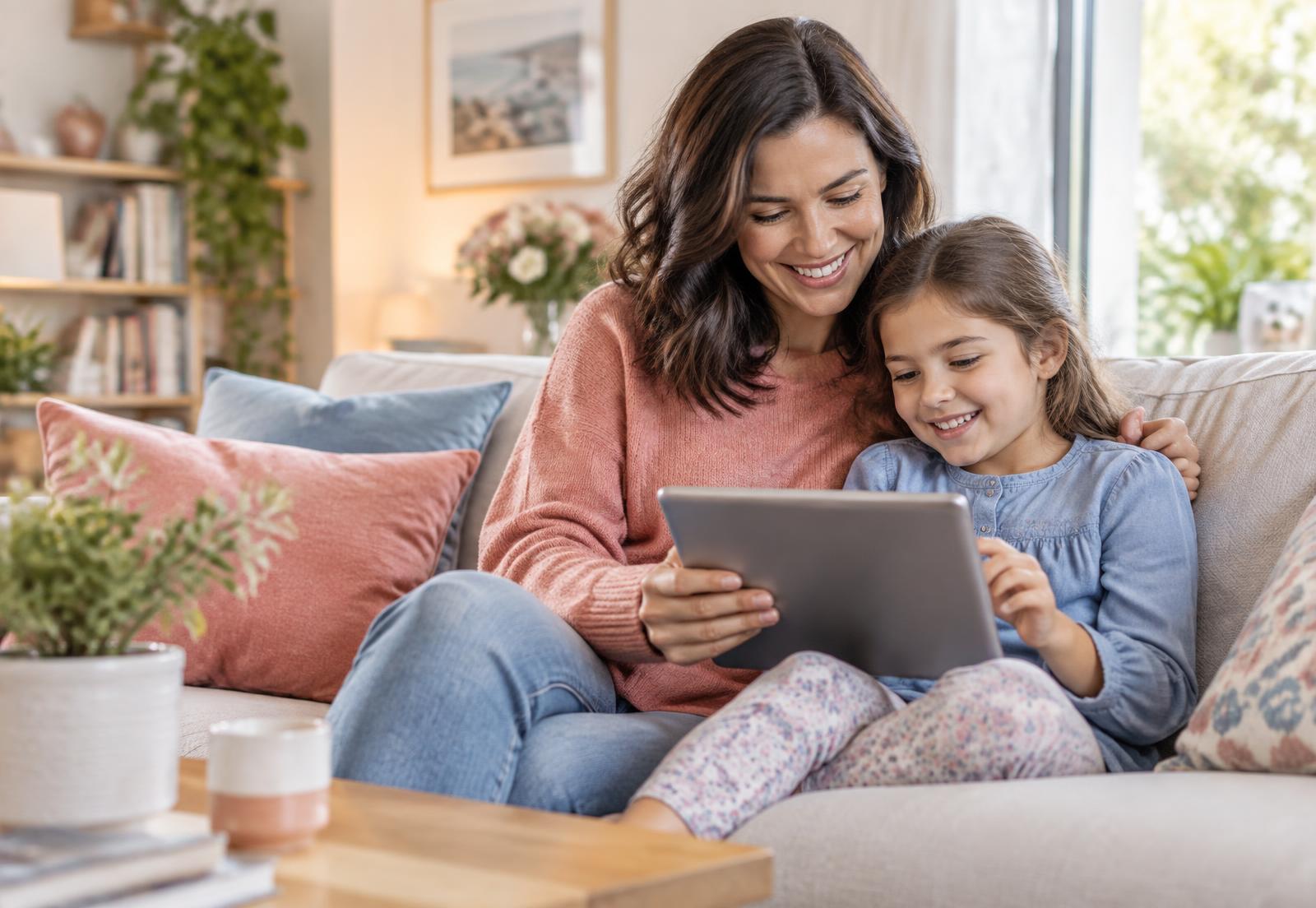 Une maman et son enfant partagent un moment autour d'une tablette