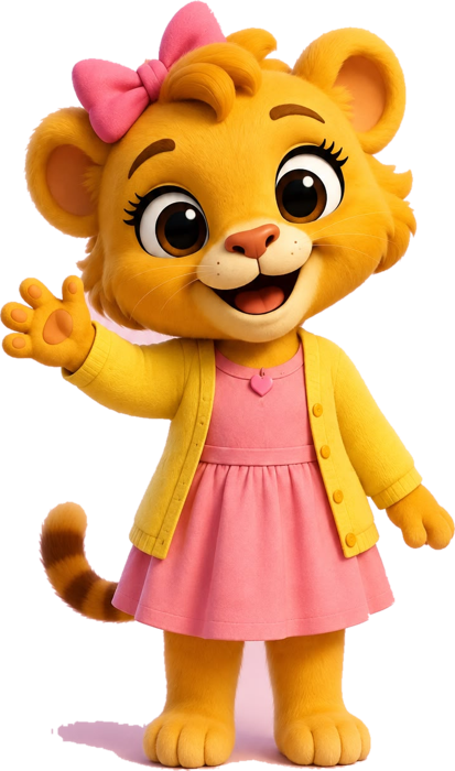 Luna, la petite lionne de Luna Kids, fait un signe de la patte