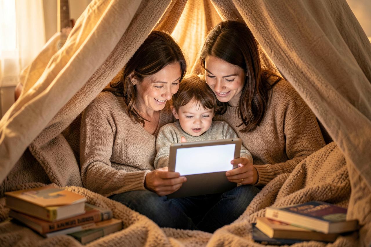 Une famille partage une histoire dans un cocon